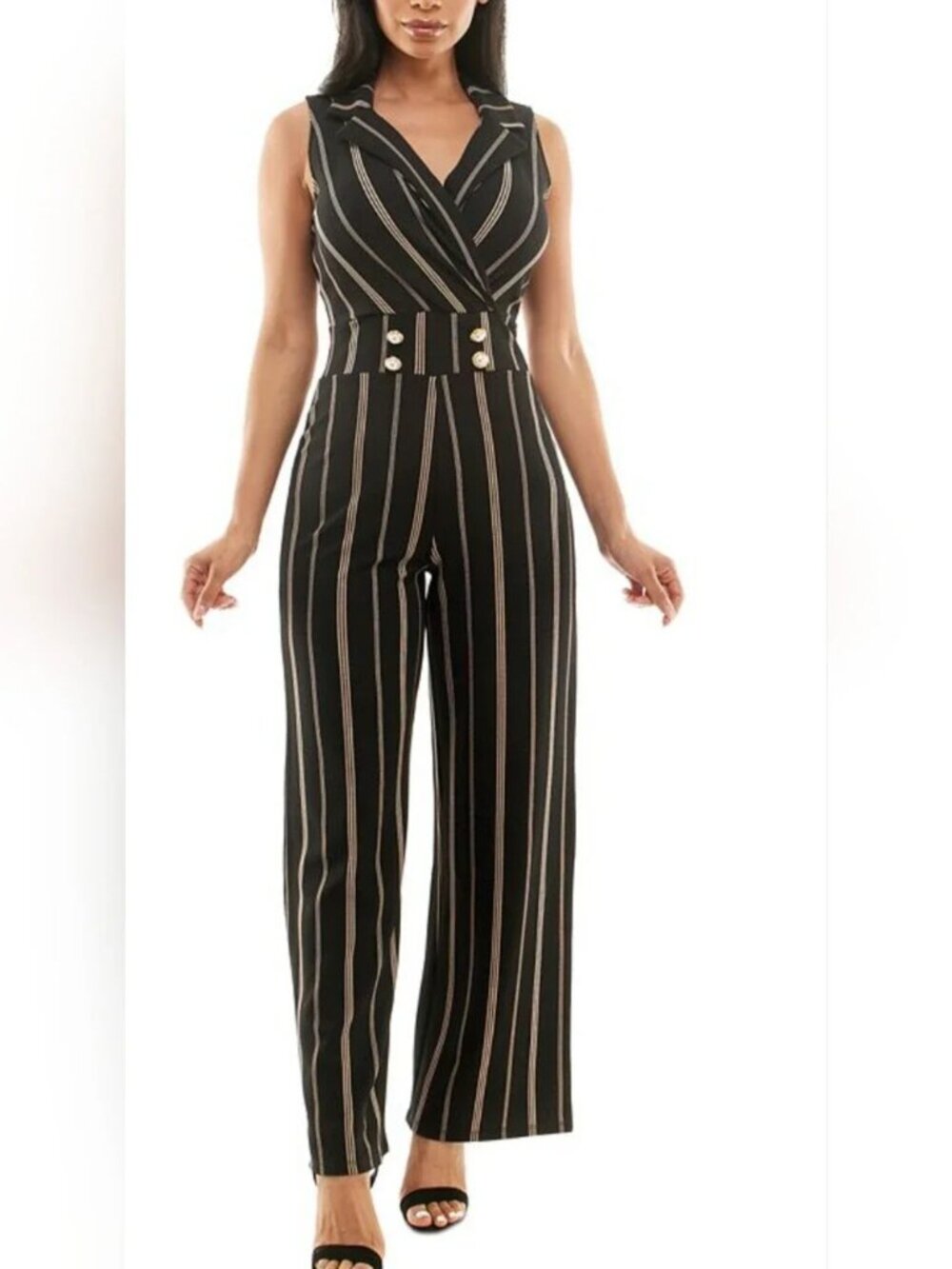 Almost Famous Striped Wide Leg Jumpsuit V-Neck Gold Button Sleeveless L